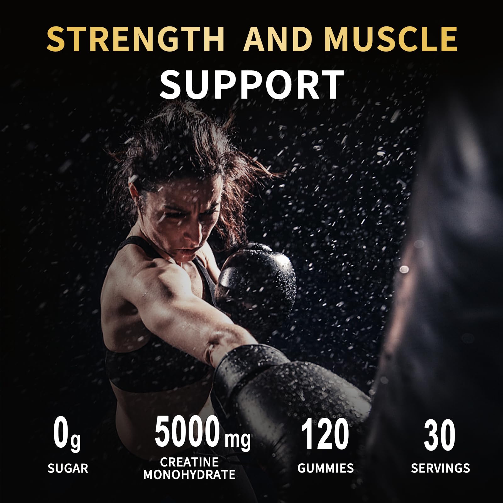 Usage illustration showing 4 gummies per serving for 5g creatine