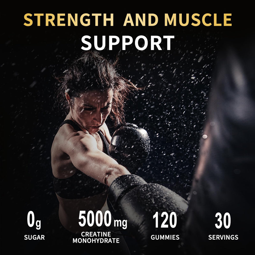 Usage illustration showing 4 gummies per serving for 5g creatine