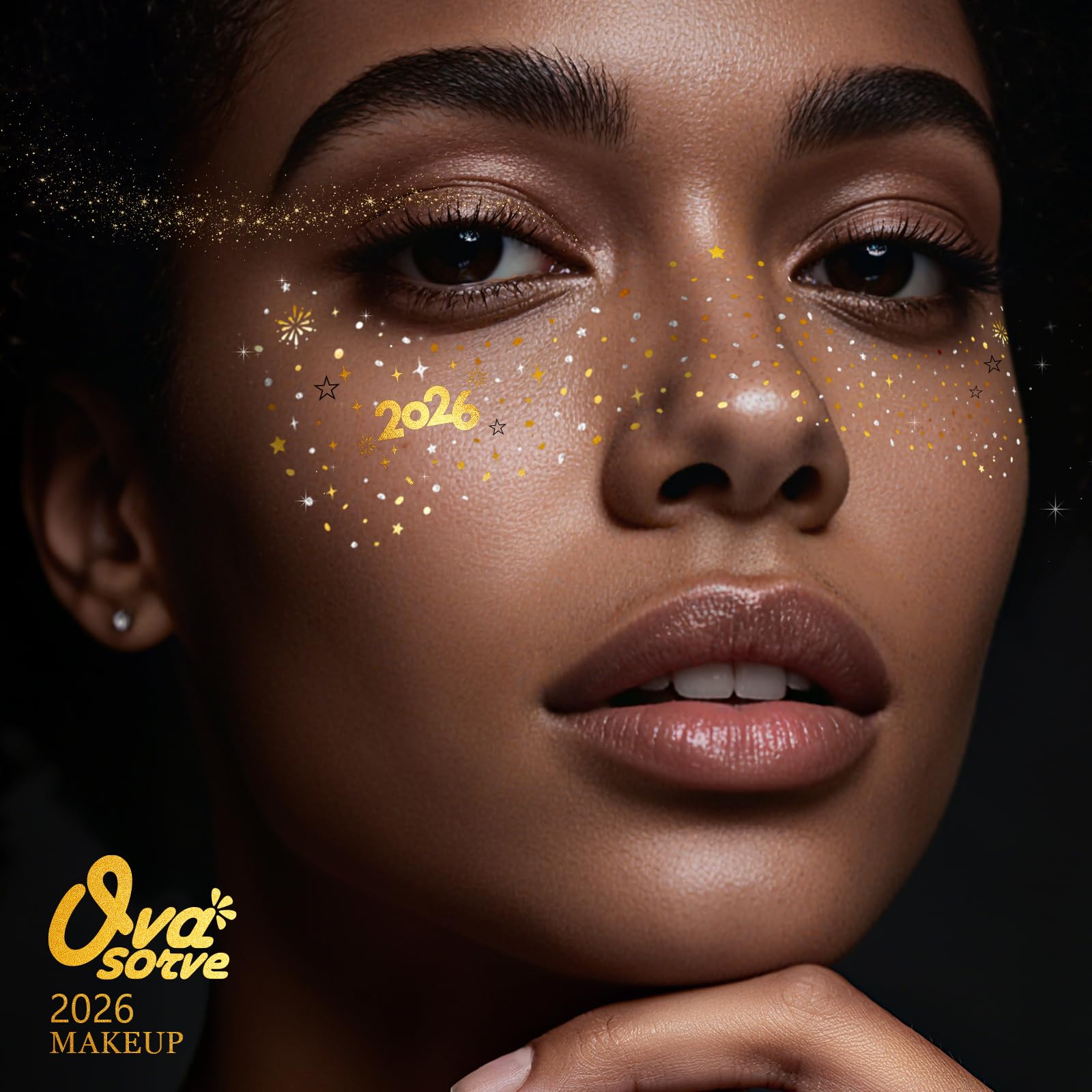 Ovasorve waterproof face gems for NYE sparkle and long wear.