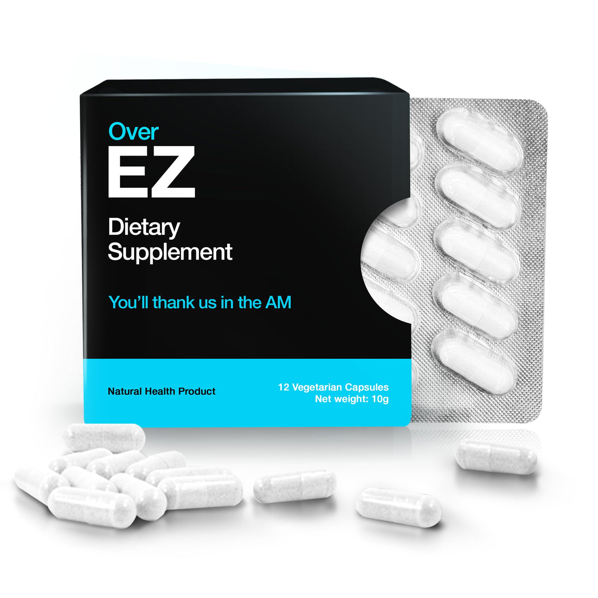 OVER EZ Pre-Drink bottle and packaging showing 12 capsules