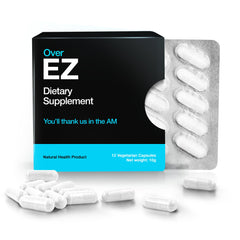 OVER EZ Pre-Drink bottle and packaging showing 12 capsules