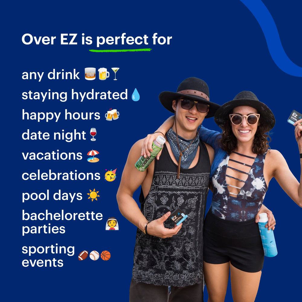 OVER EZ bottle with a glass of water on a light background