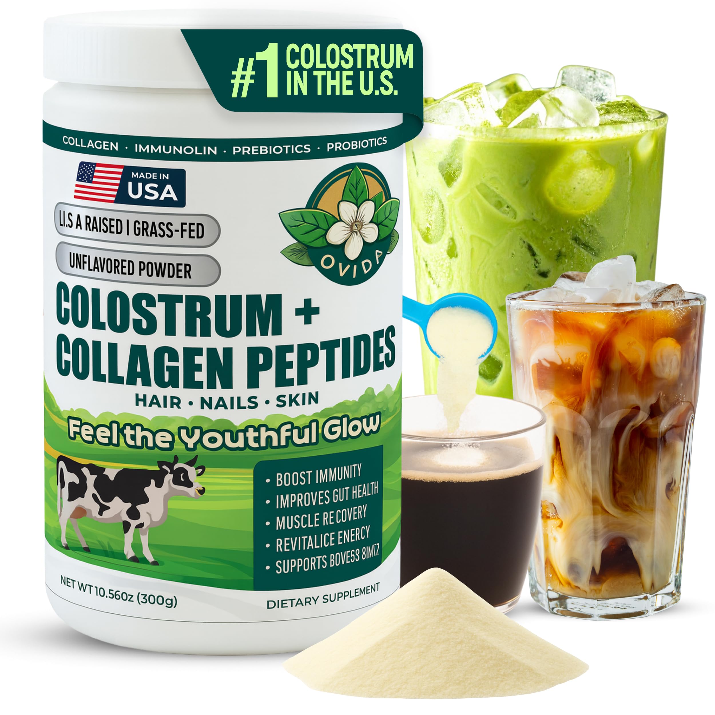 Front view of OVIDA Premium Bovine Colostrum & Collagen Peptides bottle