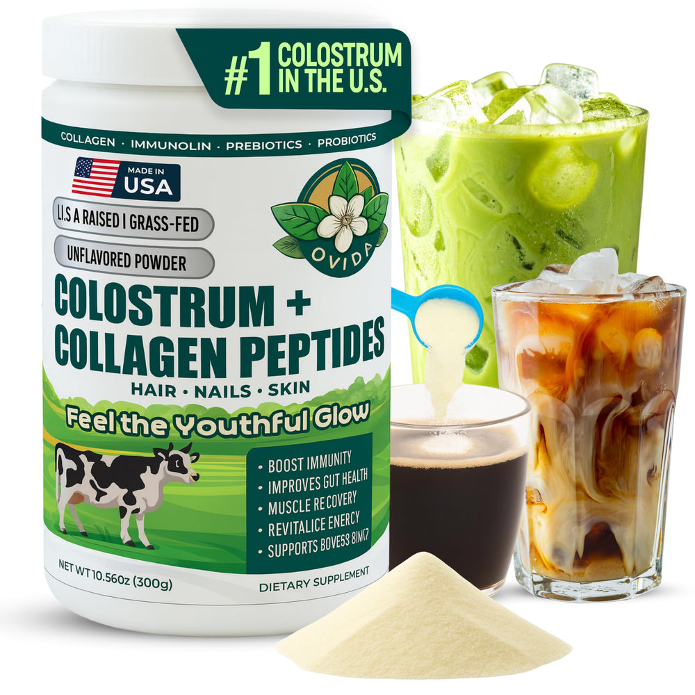 Front view of OVIDA Premium Bovine Colostrum & Collagen Peptides bottle