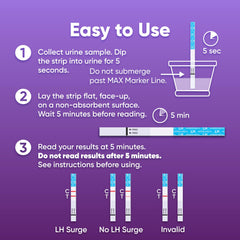 Close-up readout of ovulation test strip showing 3-5 minute result