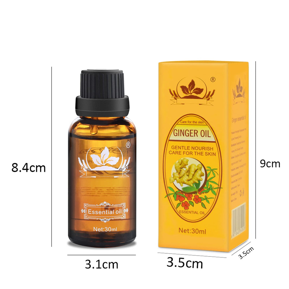 Close-up of Ownest ginger massage oil bottle