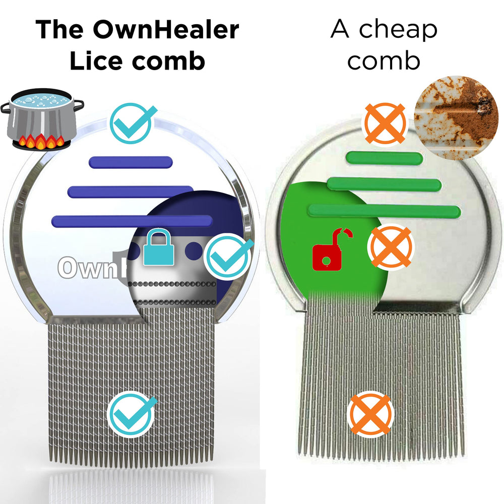 OWNHEALER lice comb close-up for efficient lice and nit removal on all hair types.