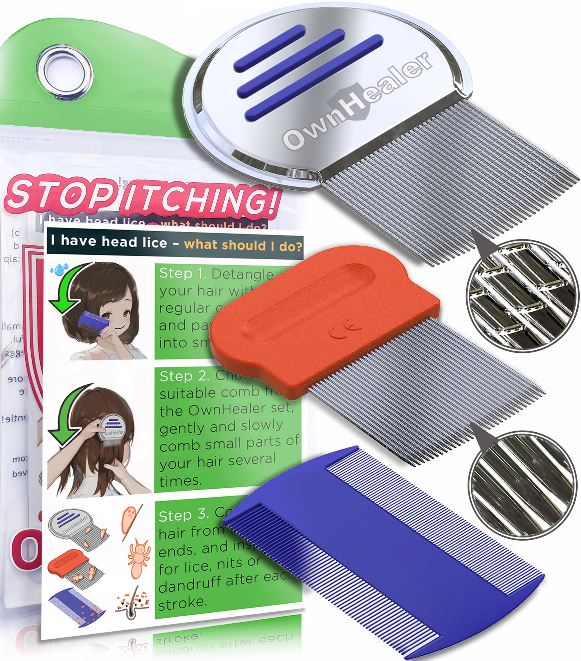 OWNHEALER nit comb close-up for precise nit removal and gentle detangling.