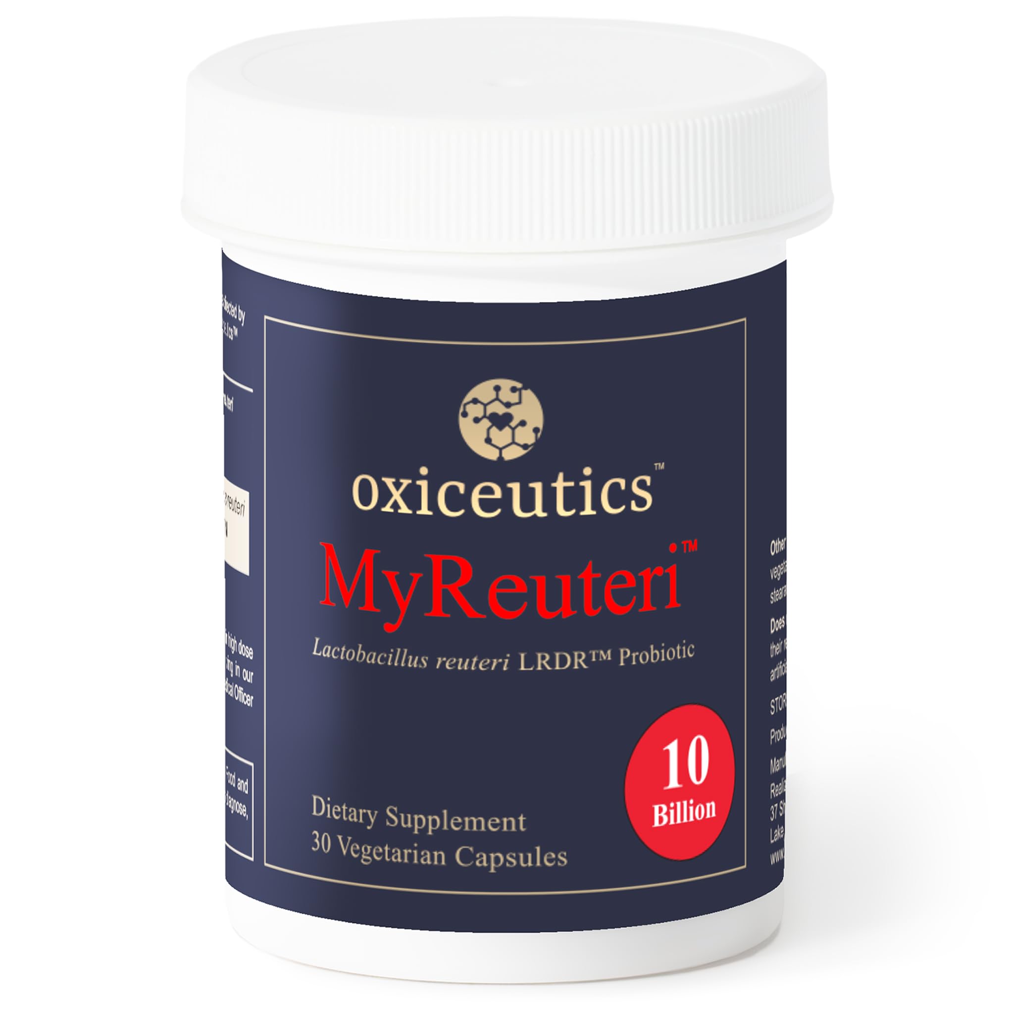 Oxiceutics MyReuteri bottle close-up highlighting 10B CFU dose for gut balance support