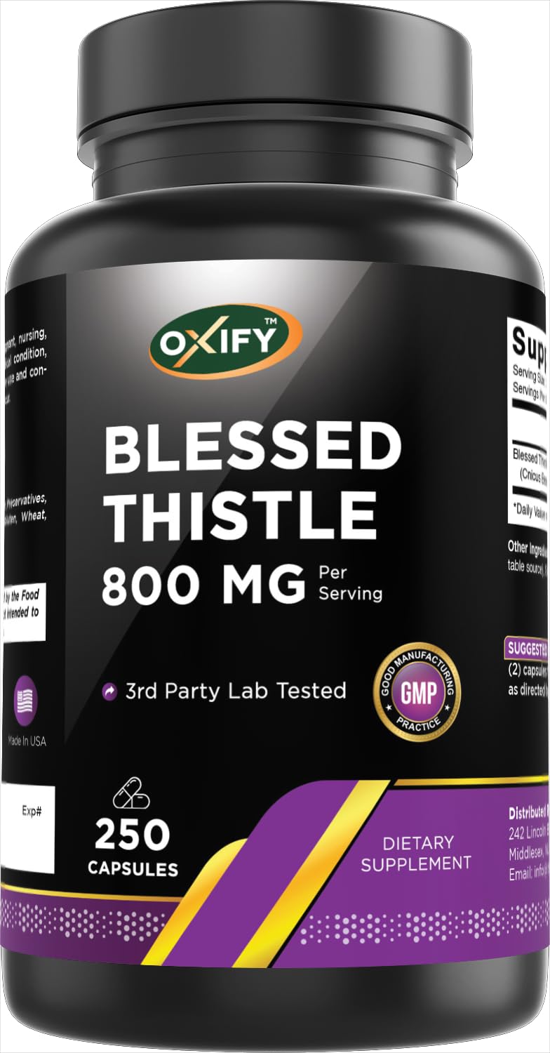 Oxify Blessed Thistle bottle with label showing 800 mg per serving and 250 capsules