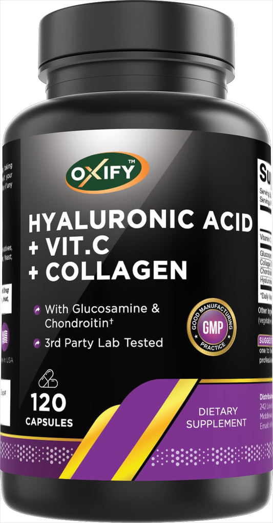 Oxify bottle label featuring Hyaluronic Acid with Glucosamine, Chondroitin, Collagen and Vitamin C (120 capsules).
