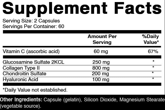 Close-up of Oxify ingredients stack showing Hyaluronic Acid, Glucosamine, Chondroitin, Collagen and Vitamin C.