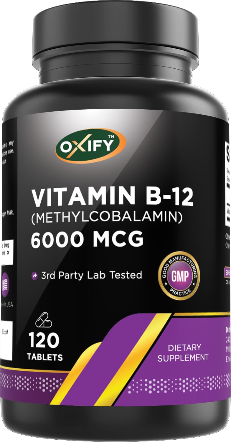 Oxify Vitamin B-12 6000 mcg methylcobalamin bottle with 120 tablets