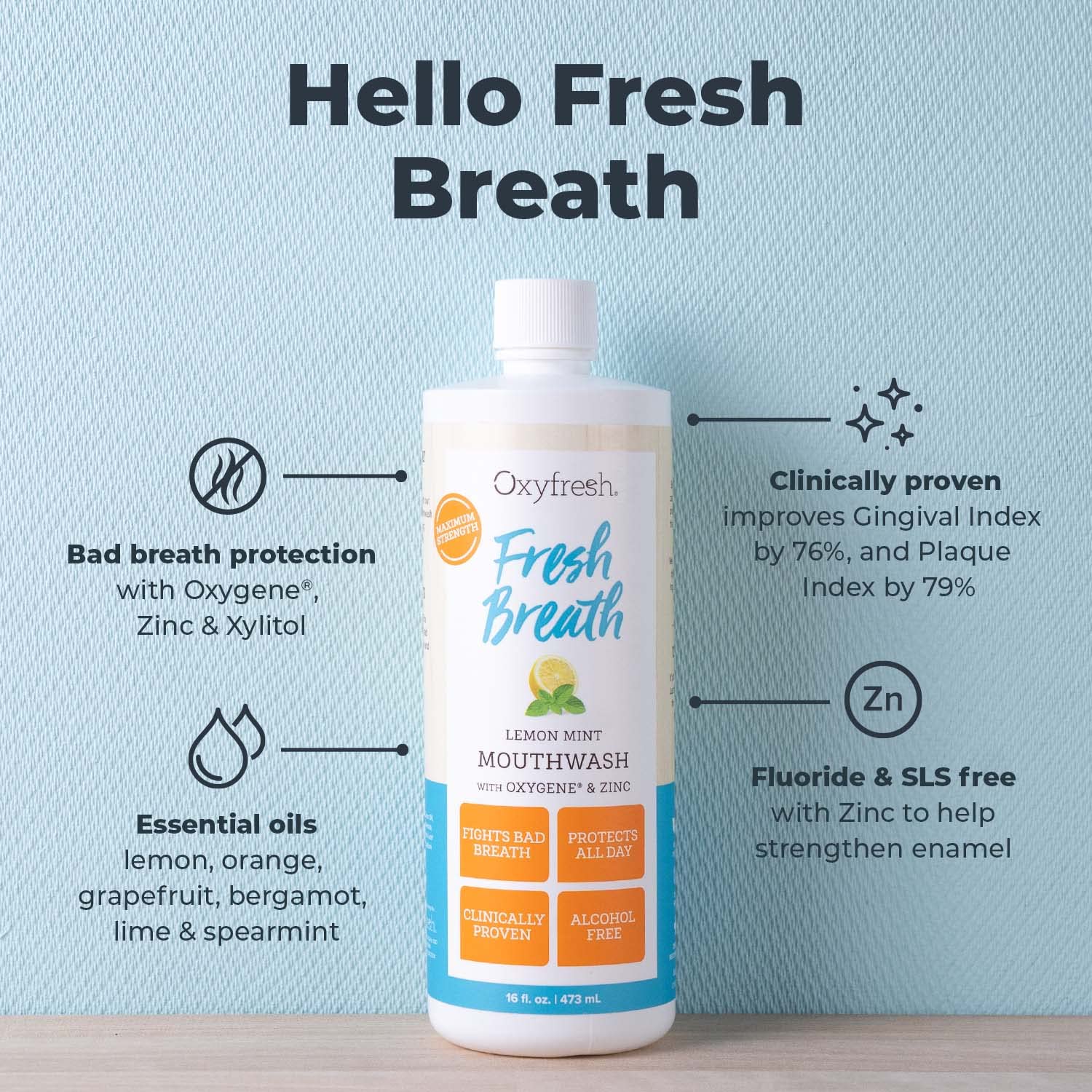 Front packaging of Oxyfresh Lemon Mint Mouthwash 3-pack