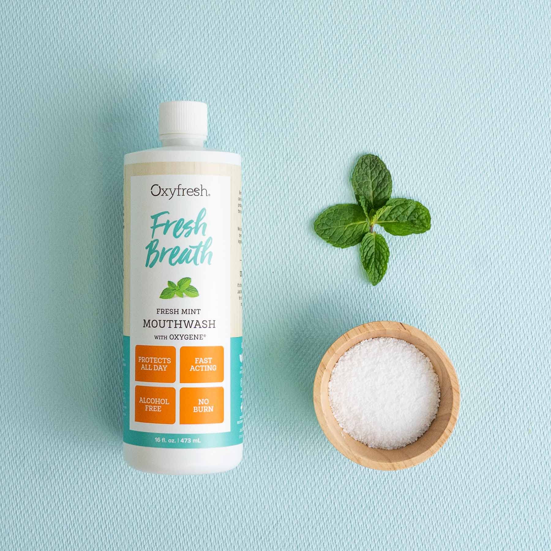 Bottle label close-up showing mint flavor and alcohol-free claim