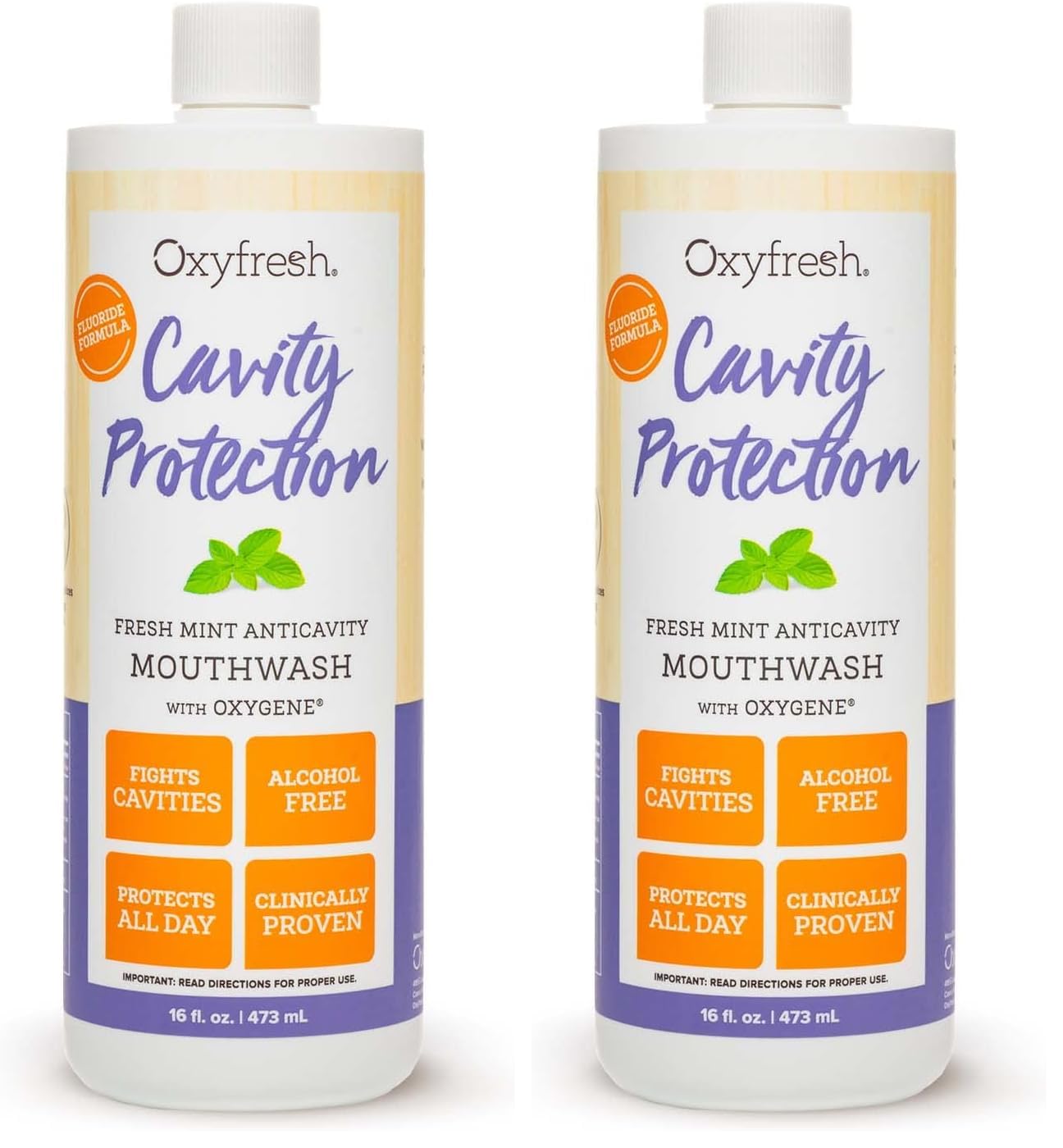Pack of two 16 oz Oxyfresh Cavity Protection Mouthwash bottles – front view