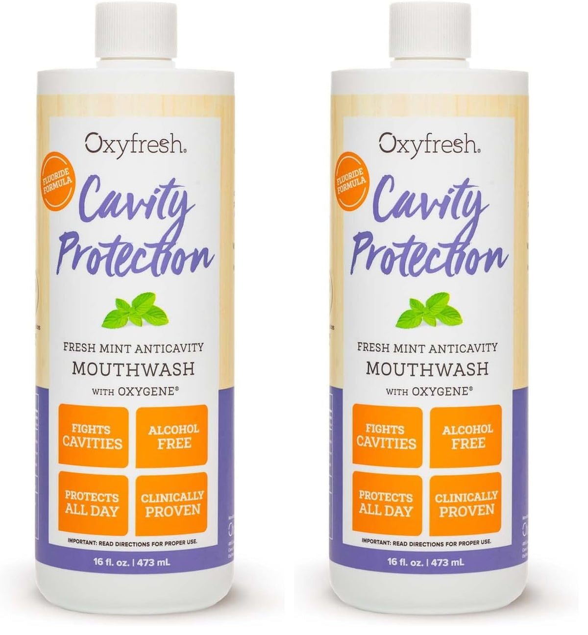 Pack of two 16 oz Oxyfresh Cavity Protection Mouthwash bottles – front view