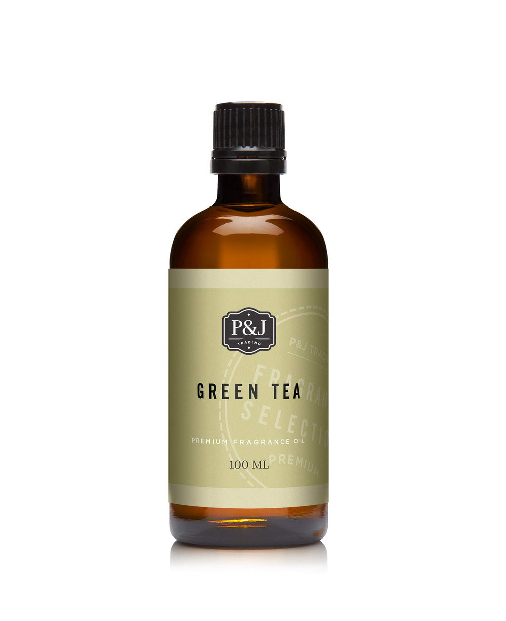 P&J Fragrance Oil Green Tea 100ml amber glass bottle with dropper cap