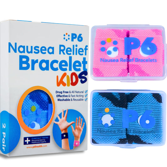 P6 motion-sickness bands for kids pack pink and blue provide portable nausea relief during travel.