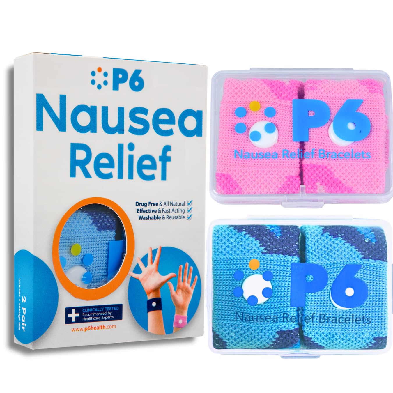 P6 Motion Sickness Bands pink and blue pack worn for travel-friendly nausea relief.