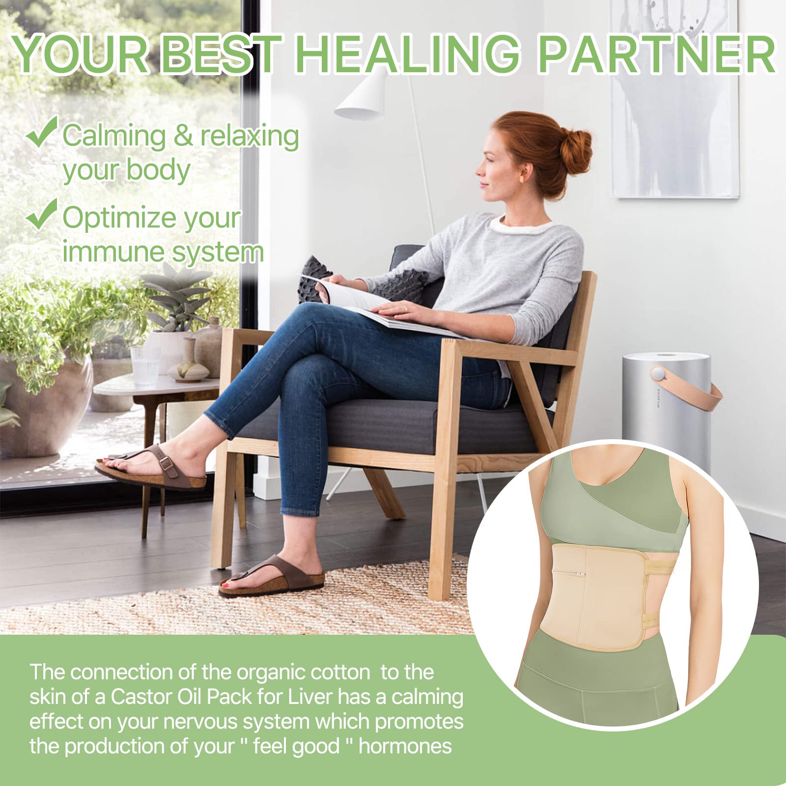 Castor Oil Pack Wrap worn for neck and waist use, ready to wear