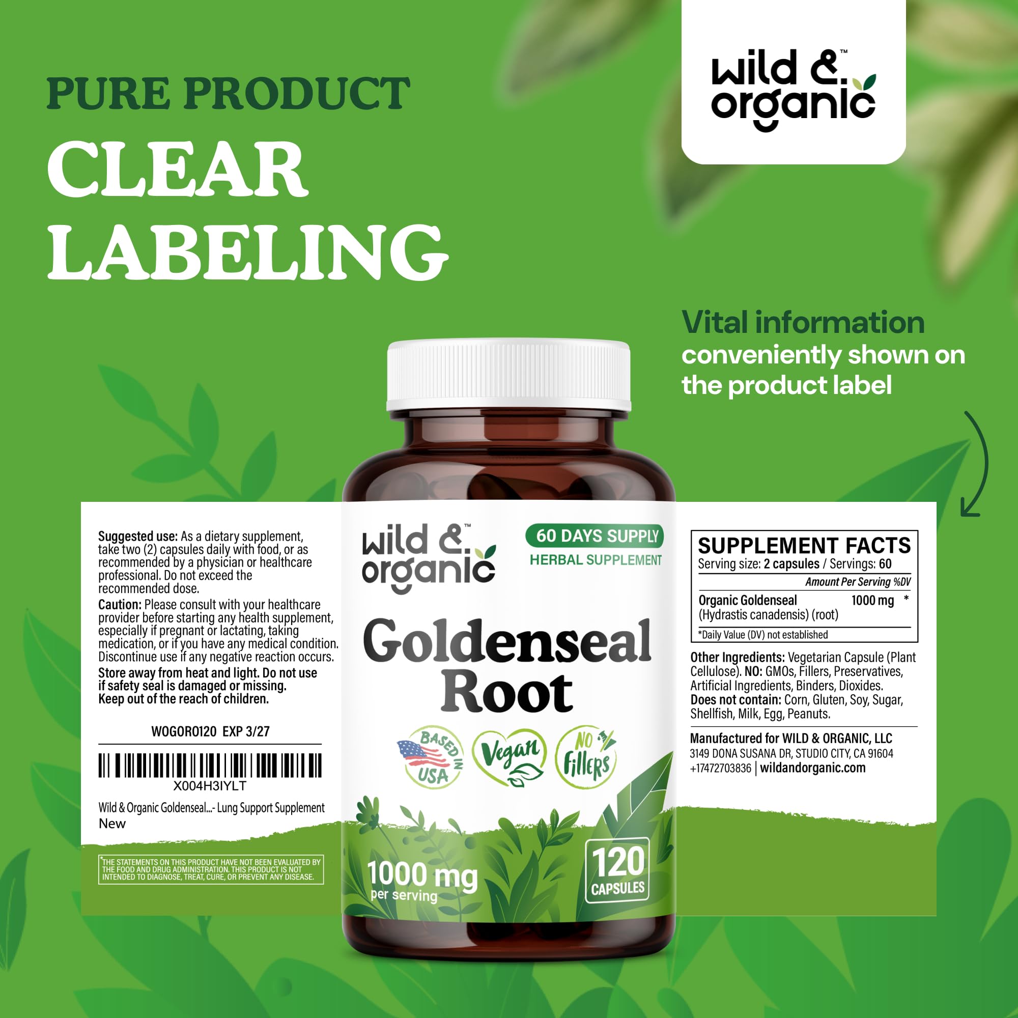 Packaging and branding for Wild & Organic Goldenseal Root Capsules