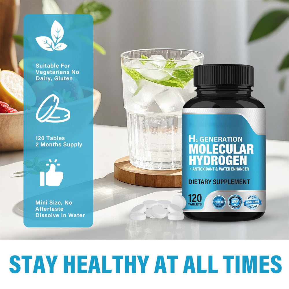 Package contents showing 120 hydrogen water tablets