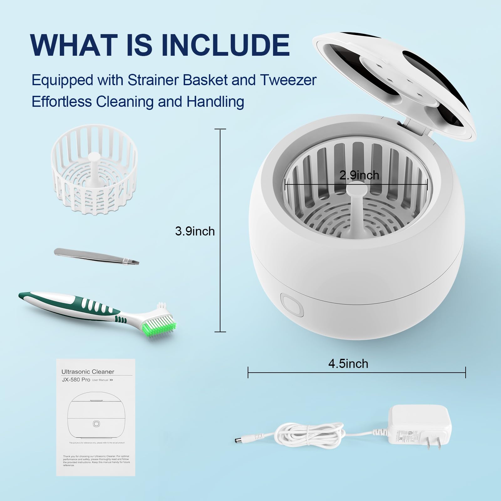 Complete package contents: cleaner, pod, basket, tweezers and brush