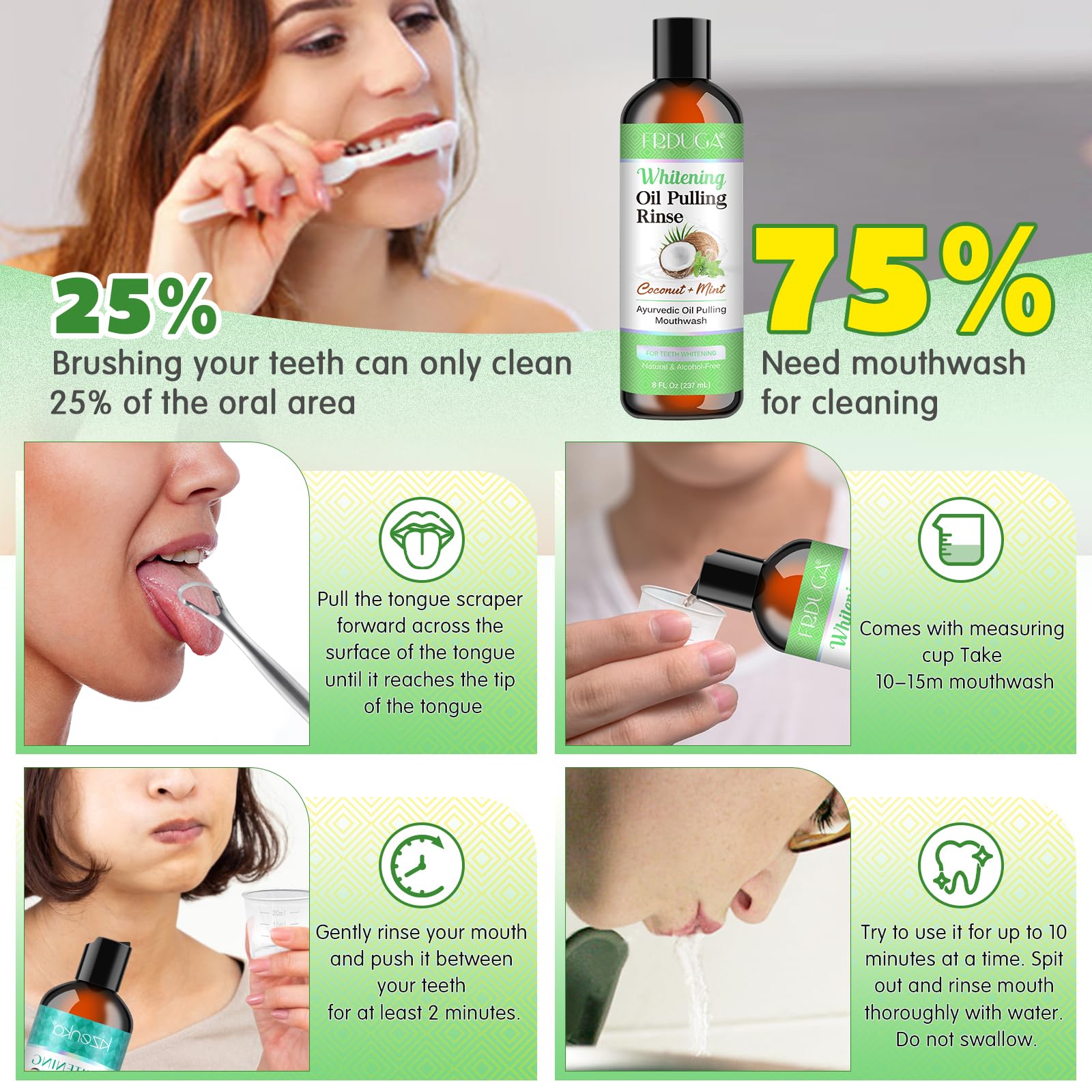 Package showing bottle and tongue scraper included