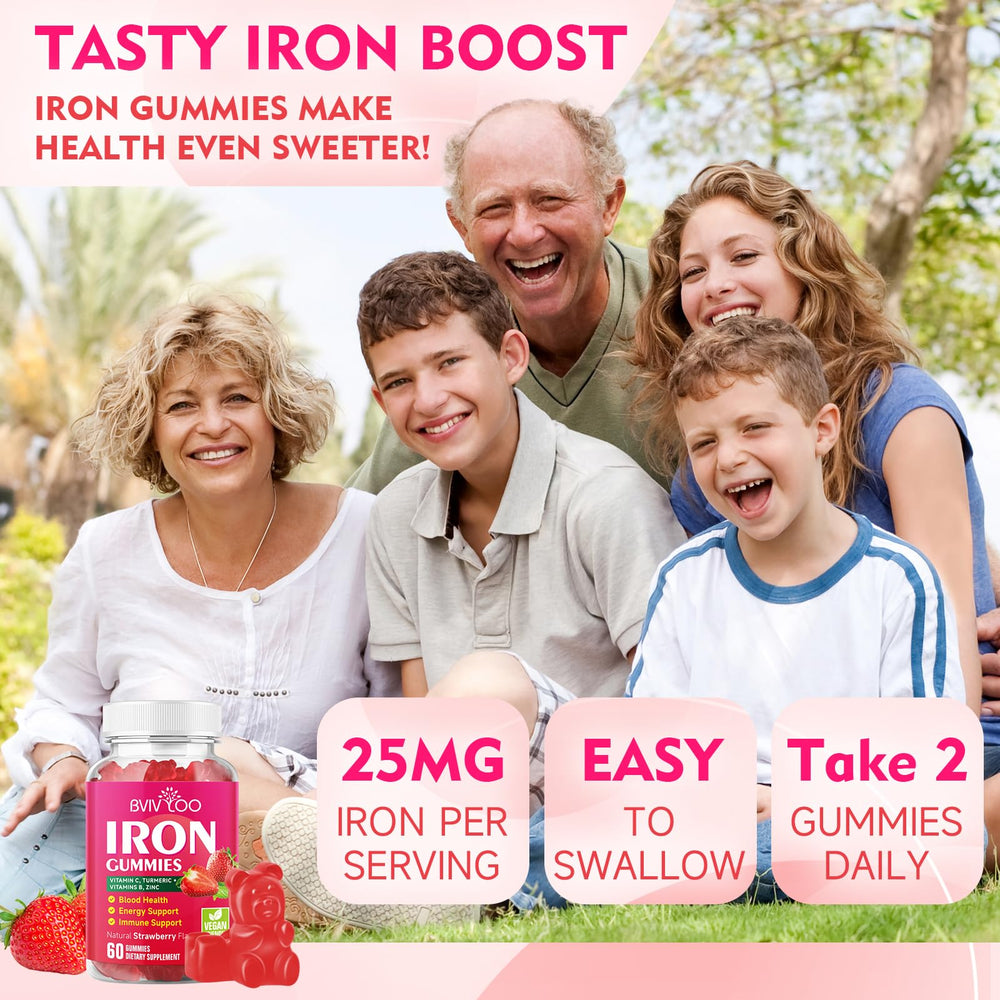 Product packaging and bottle of vegan iron gummies