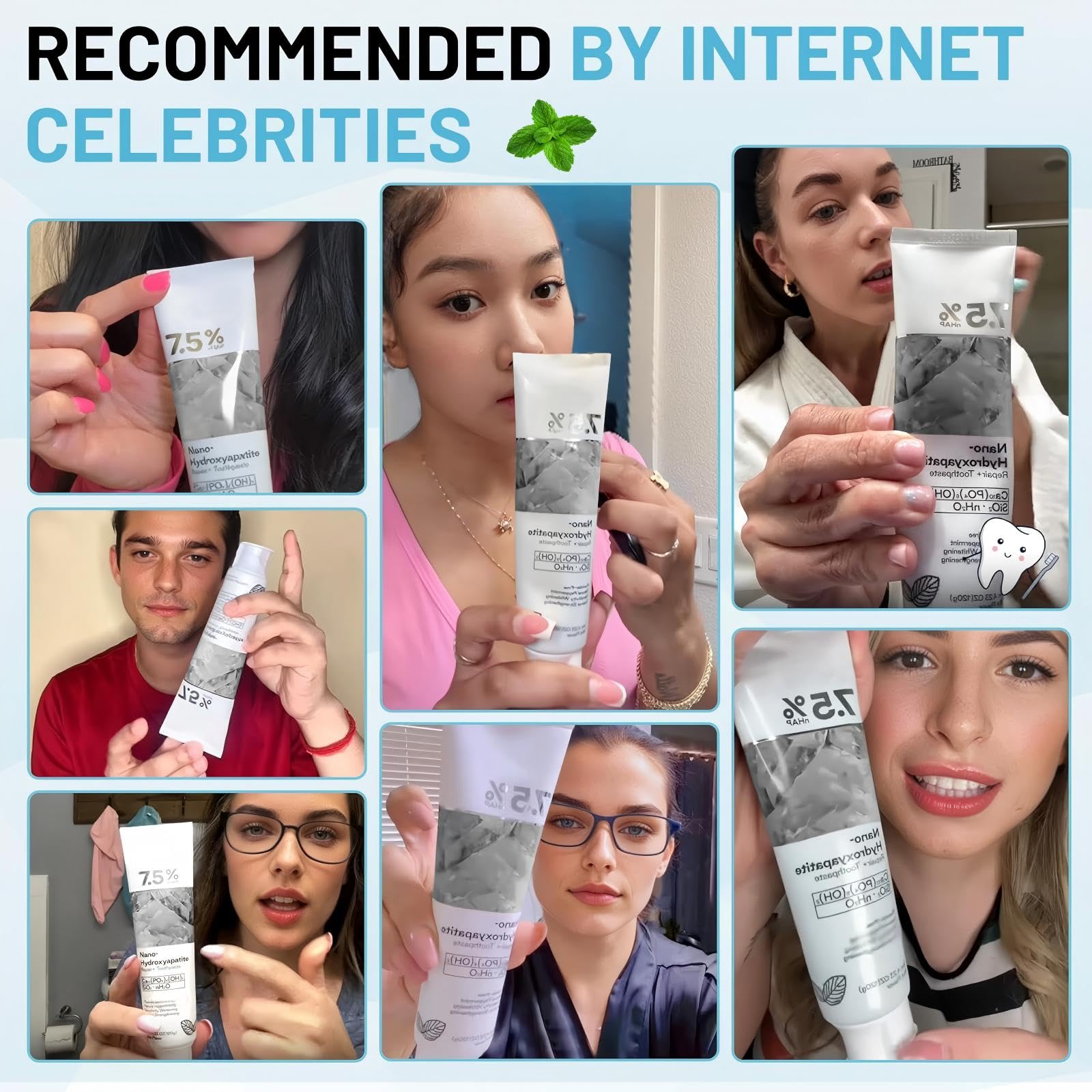 Packaging and ingredient list for 7.5% hydroxyapatite toothpaste