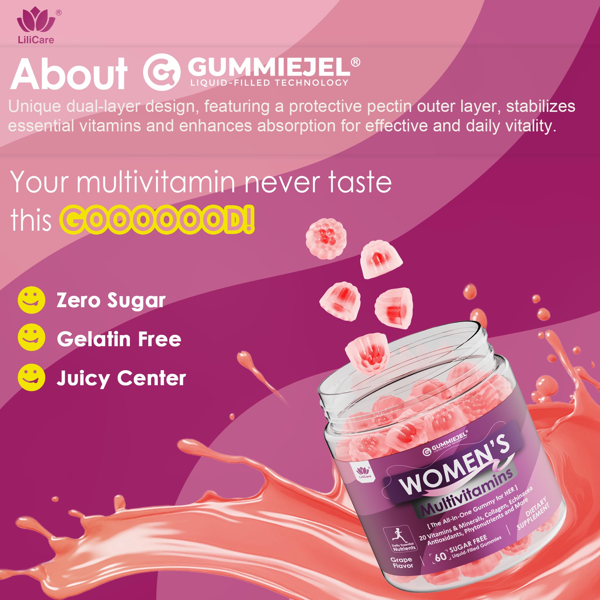 Packaging showing bottle and label for womens multivitamin gummies