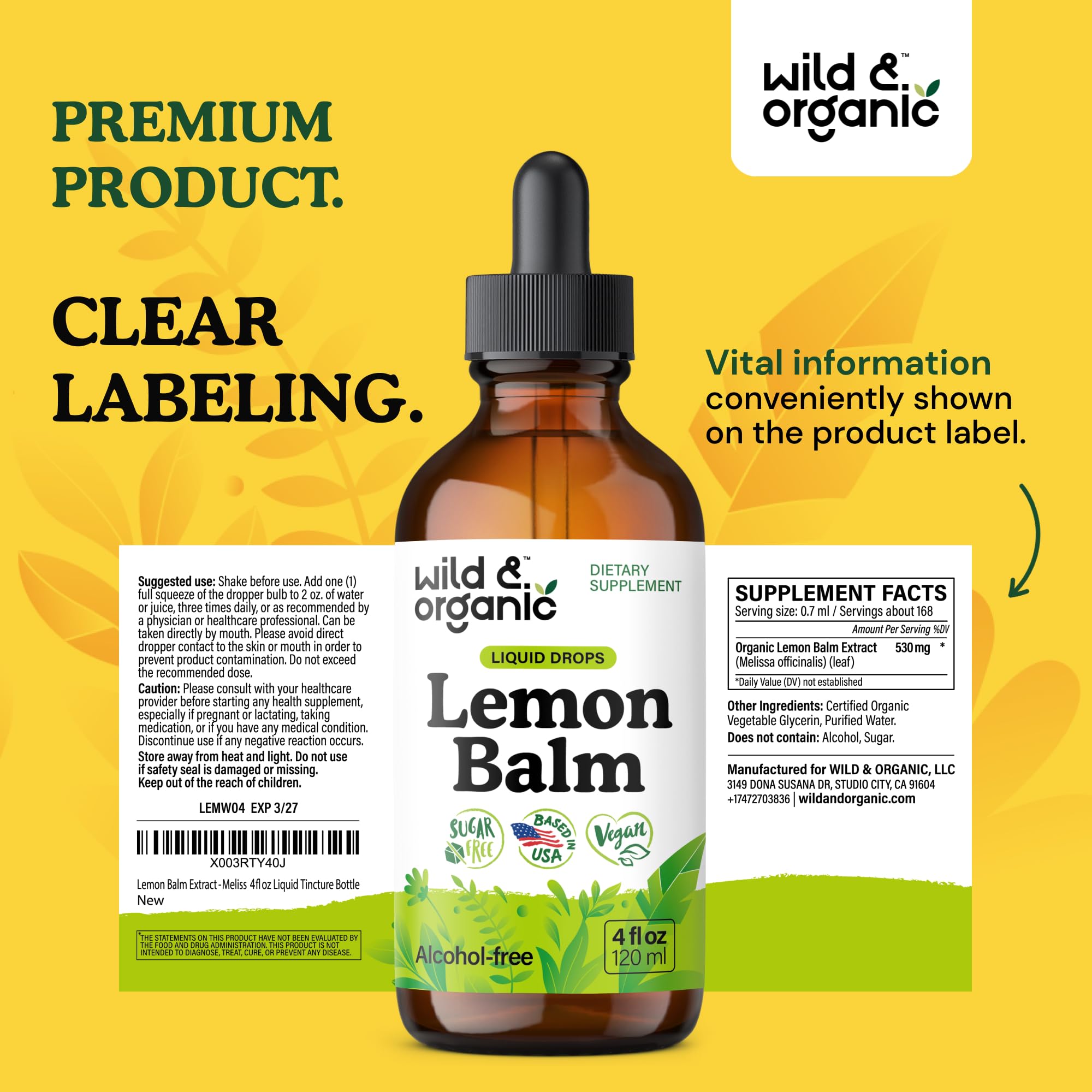 Packaging of Wild & Organic lemon balm tincture bottle