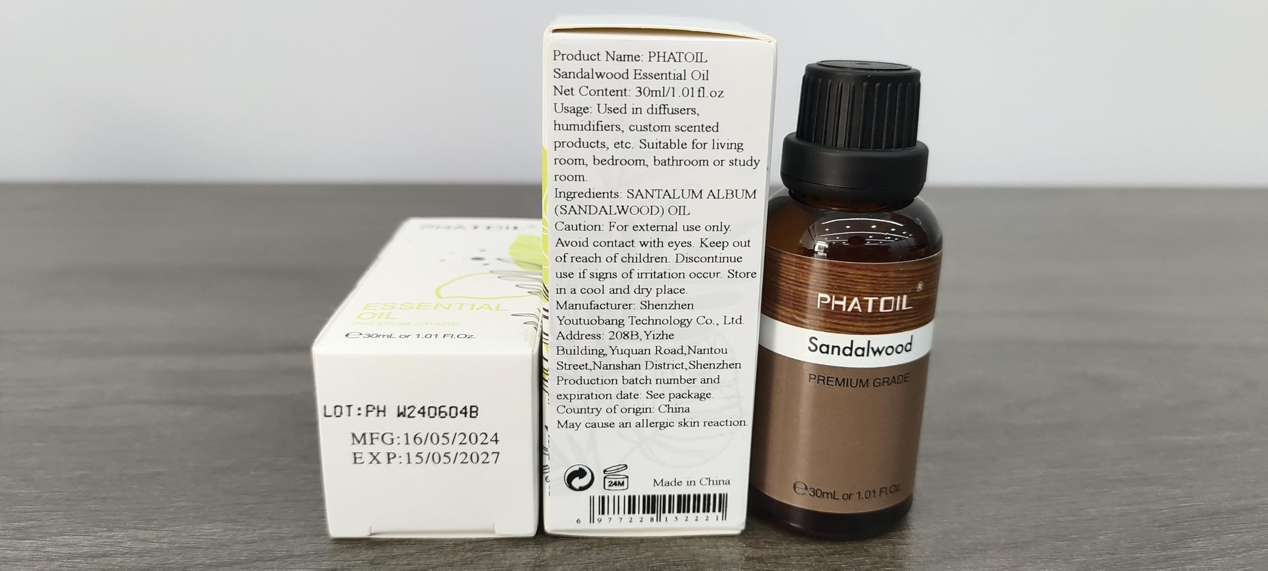 Premium packaging and label for PHATOIL sandalwood essential oil