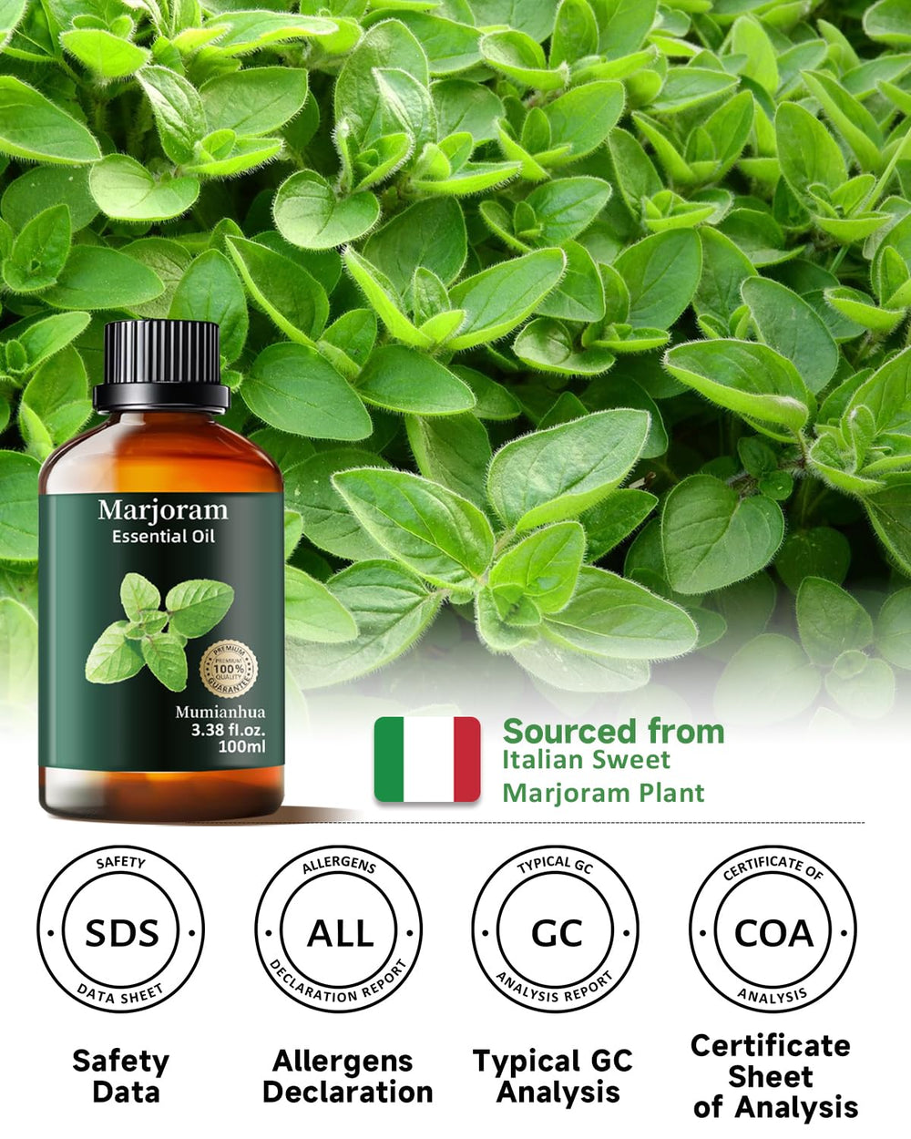 Packaging of Pure Marjoram Essential Oil 3.38 fl oz