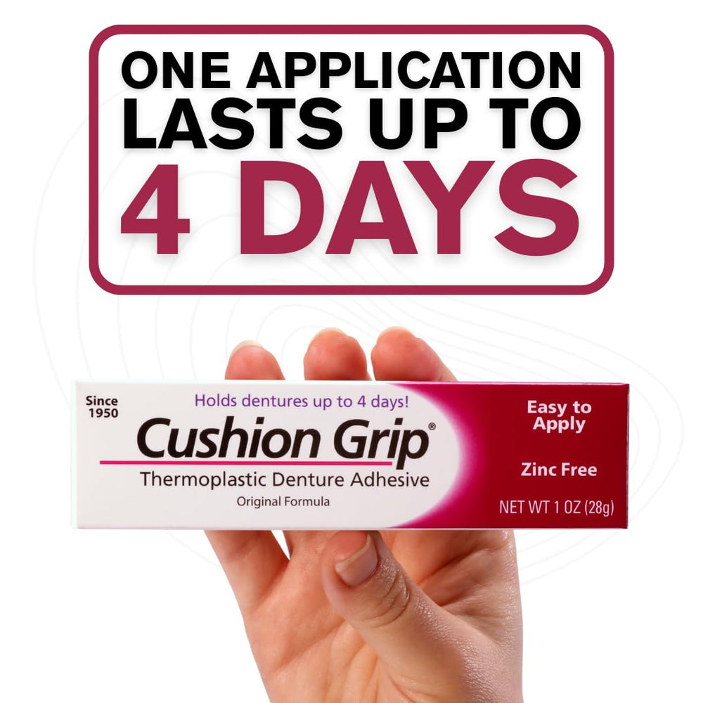 Diagram showing application of Cushion Grip denture adhesive