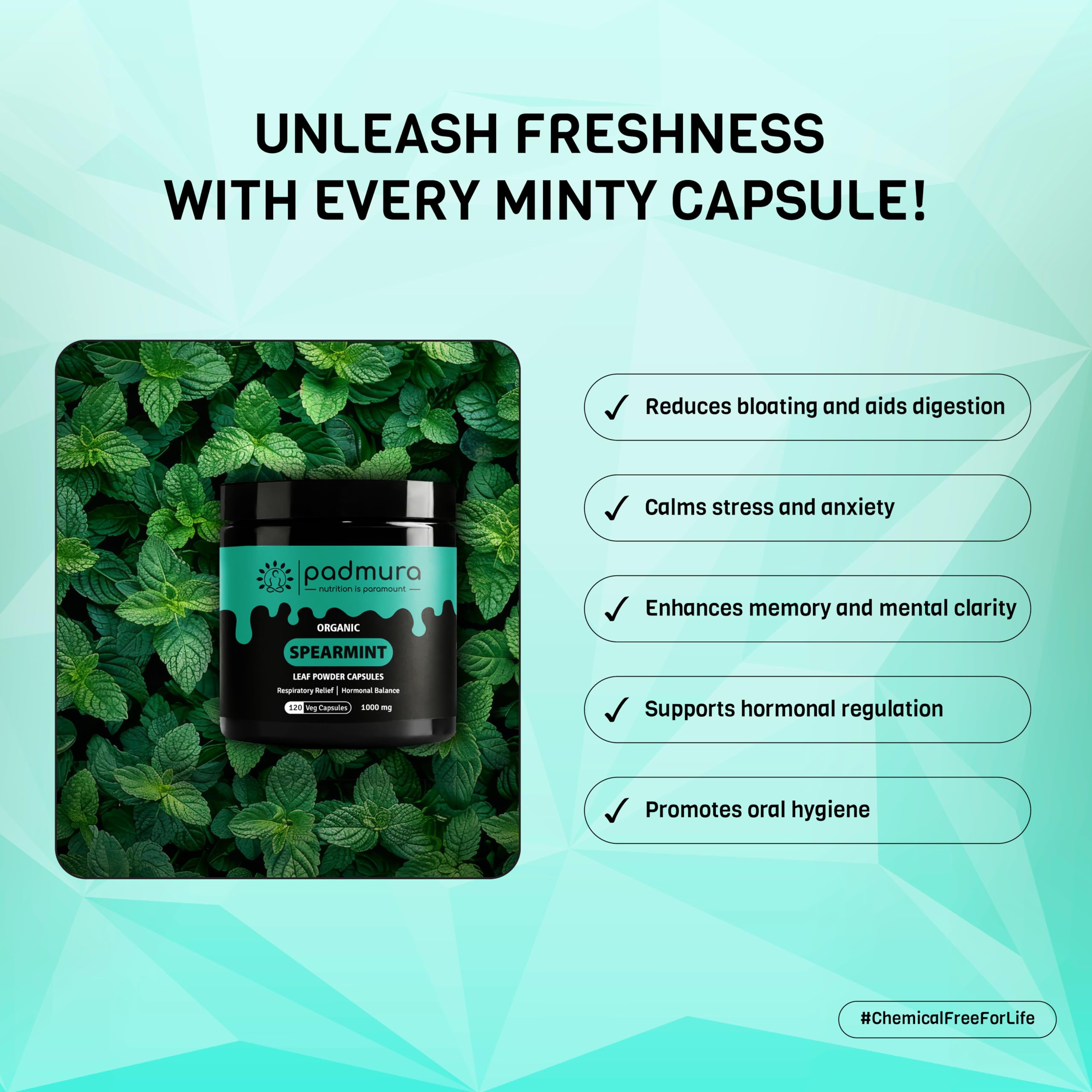 Close-up of PADMURA Spearmint 1000mg capsules