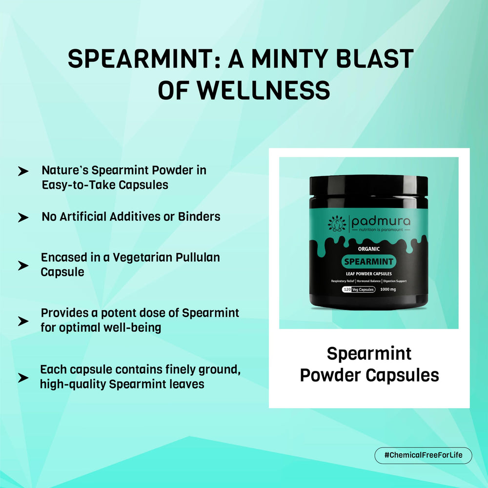 Spearmint powder ingredients and labeling on PADMURA bottle