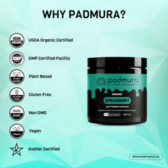 Vegan, gluten-free, non-GMO badge on PADMURA Spearmint product