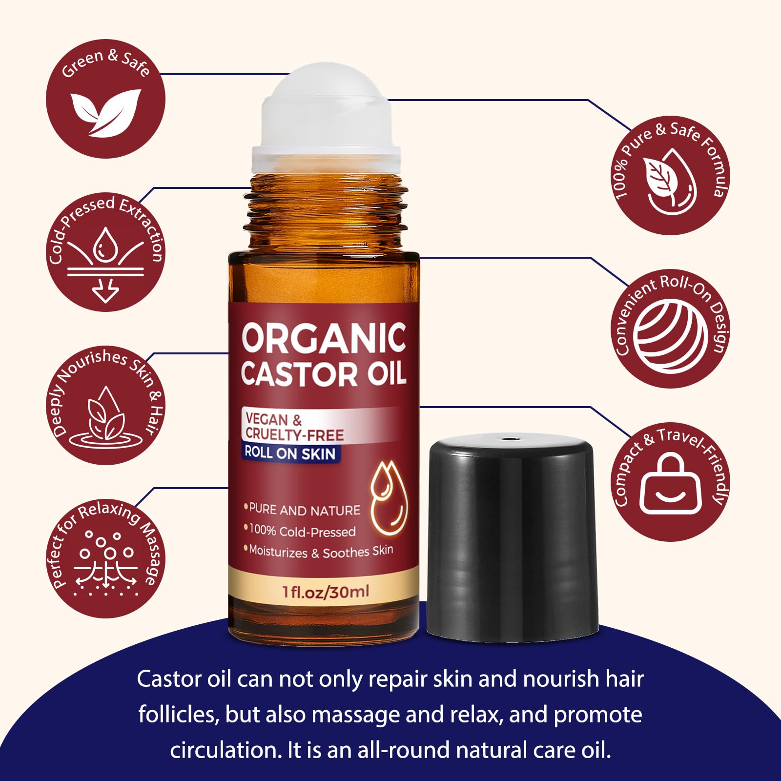 Paistely castor oil roll-on eye area enables gentle lash and brow care.