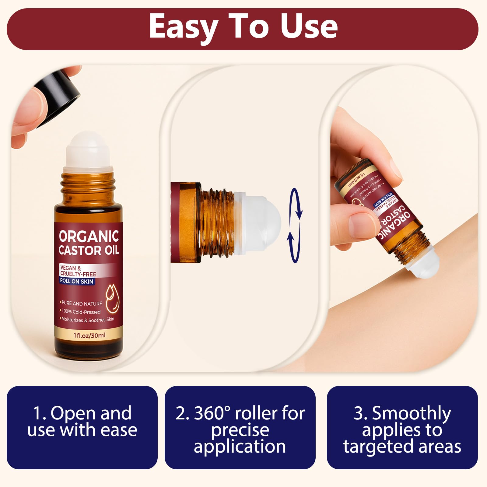 Paistely castor oil roll-on travel size is ideal for on-the-go use.