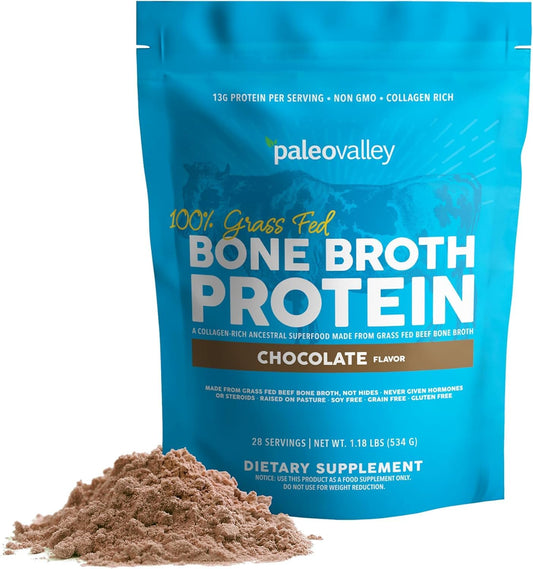 Paleovalley Grass-fed beef bone broth protein powder chocolate scoop