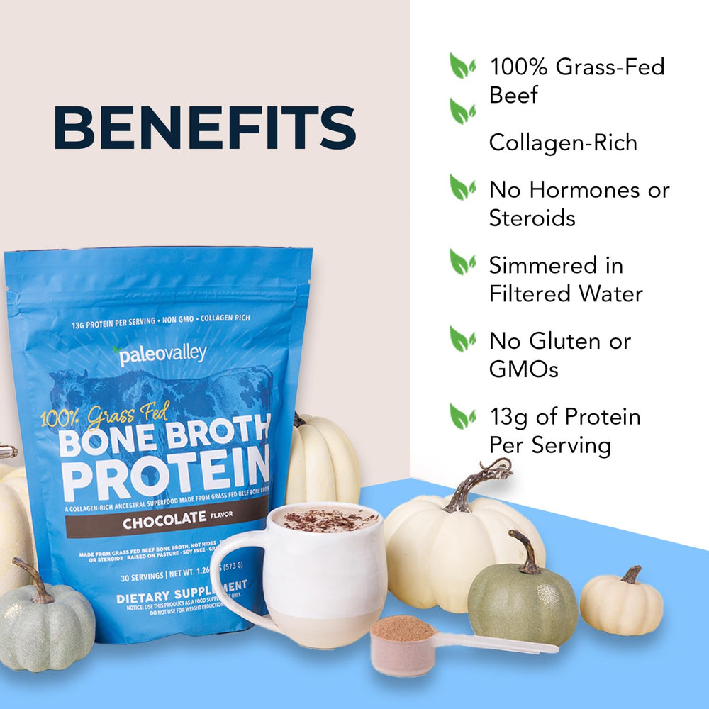 Product box and jar of Paleovalley bone broth protein powder chocolate