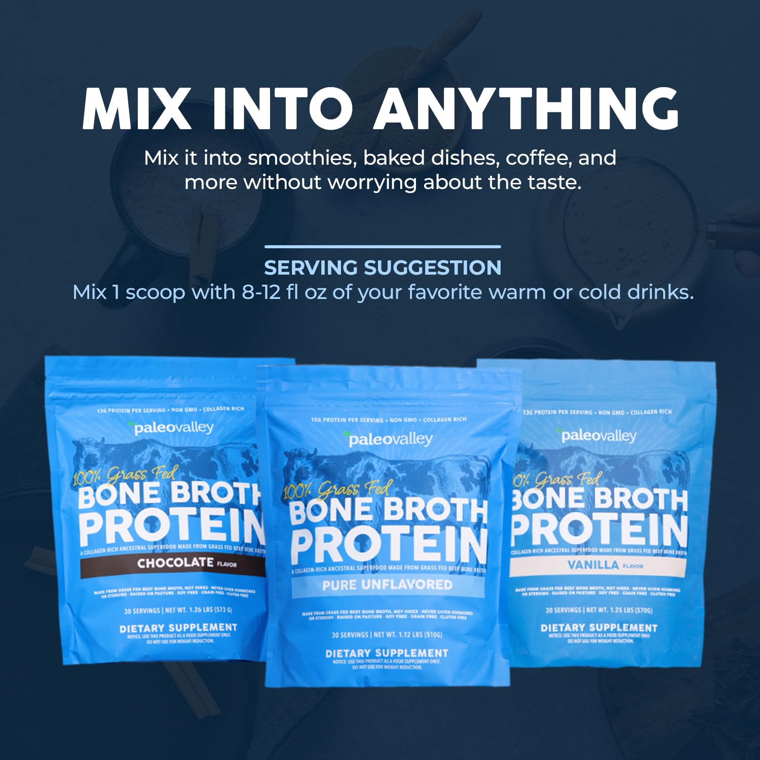 Pouring bone broth protein powder into smoothie