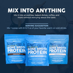 Pouring bone broth protein powder into smoothie