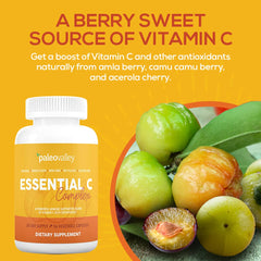 Camu camu berries featured in Paleovalley Essential C Complex for natural vitamin C.