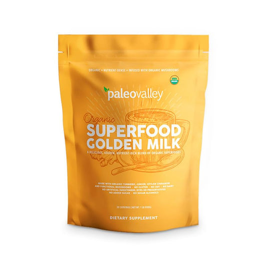 Front packaging of Paleovalley Organic Superfood Golden Milk