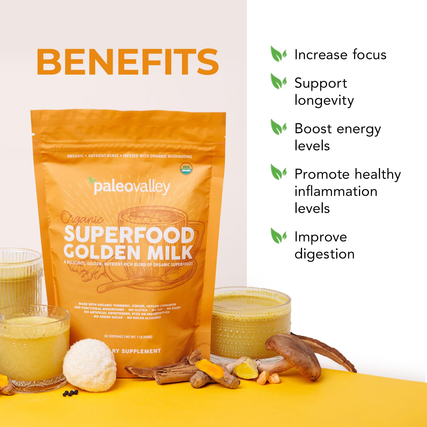 Close-up of Golden Milk powder with turmeric and coconut milk