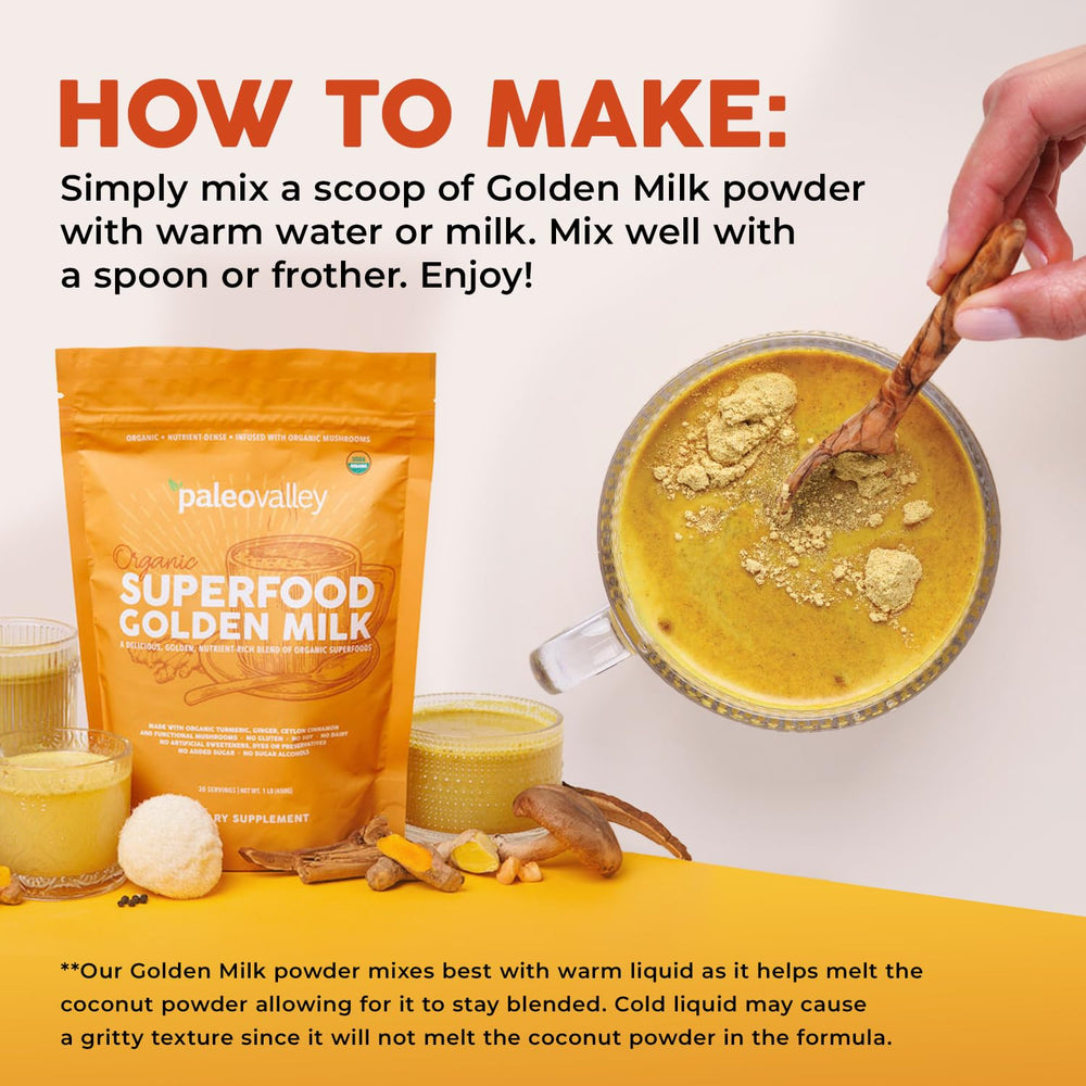Person stirring Paleovalley Golden Milk in the morning for focus.