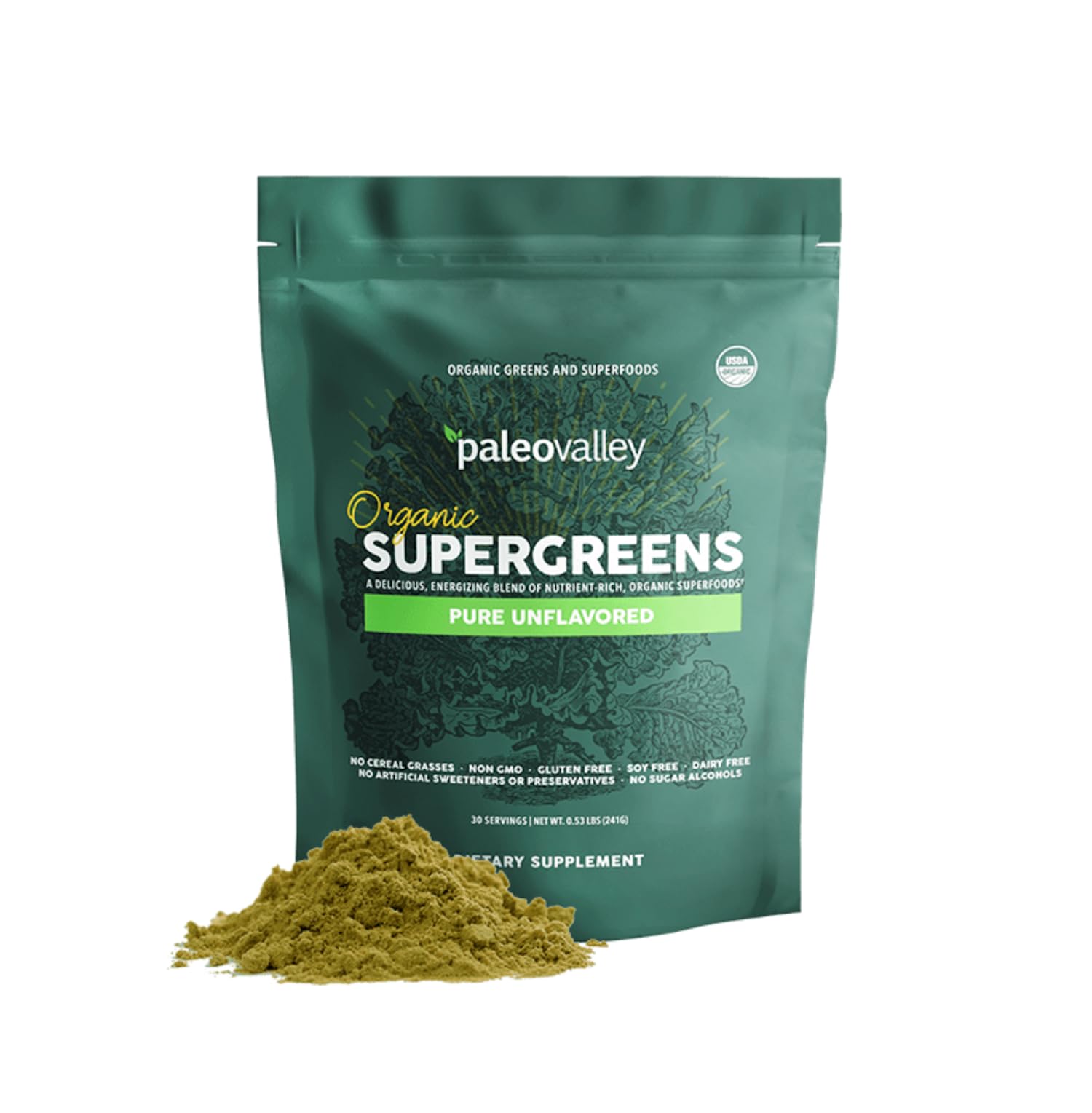 Paleovalley Organic Supergreens bottle pour shows convenient daily energy support.